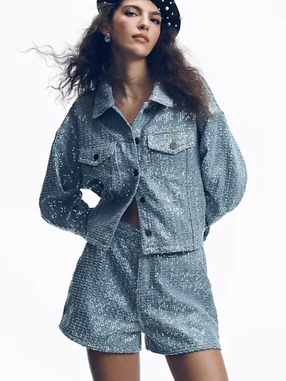 Flat White Sequin Denim Set